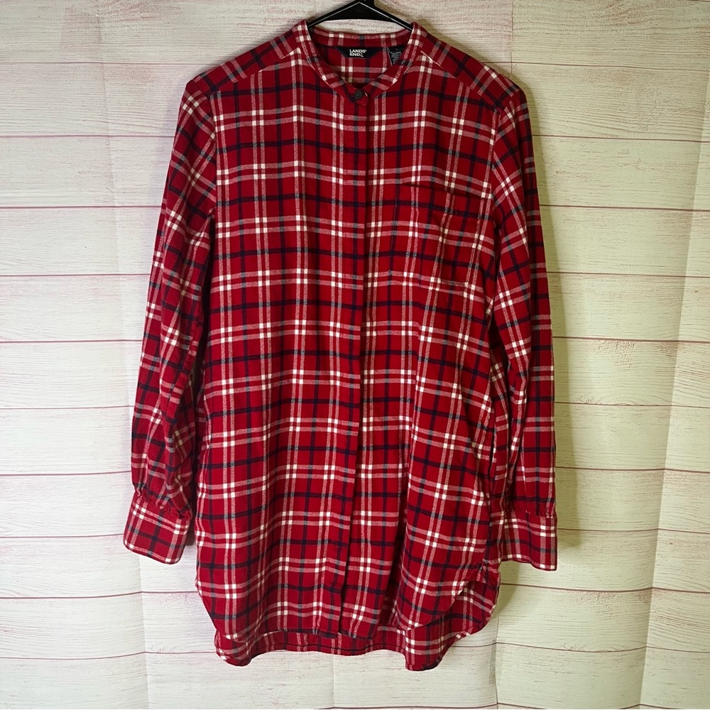 Lands'‎ End Red Plaid Flannel Button Up Tunic Shirt Size Small 6-8